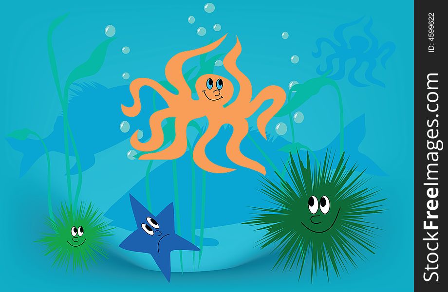 Hedgehog, octopod and star in ocean illustration