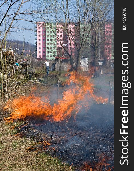 Fire burning at the edge of the buldings at the daylight