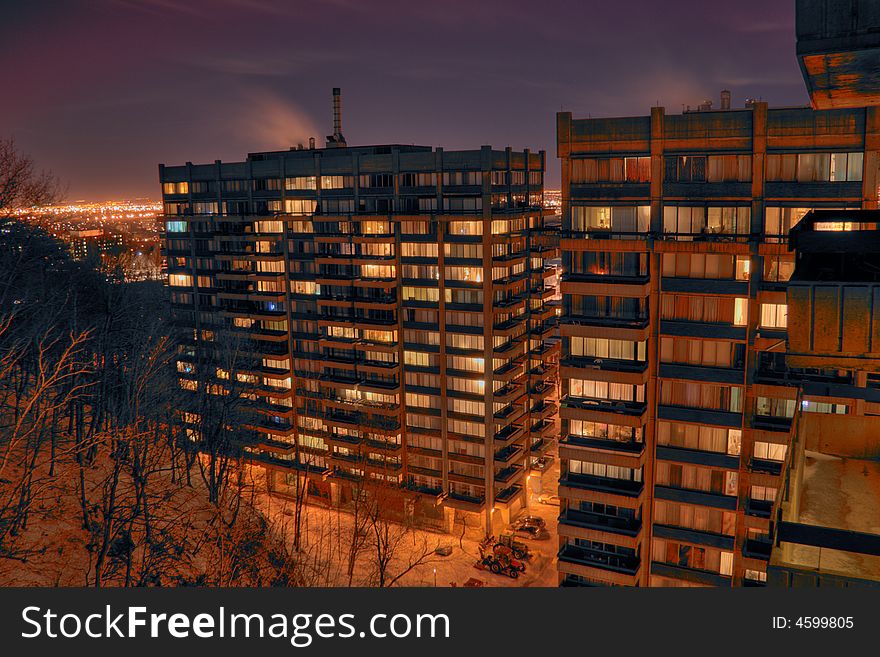 An HDR night image of a Montreal appartment complex. An HDR night image of a Montreal appartment complex.