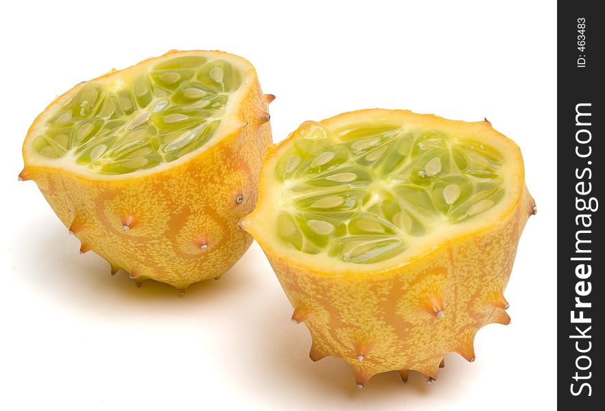 Kiwano Melon (Horn Melon) cut in half. Clipping path