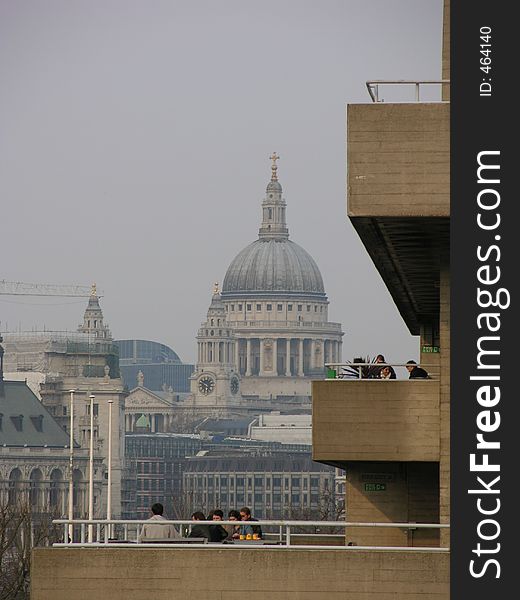 St Paul's Cathedral Dome Outlined by the National Theatre London. St Paul's Cathedral Dome Outlined by the National Theatre London