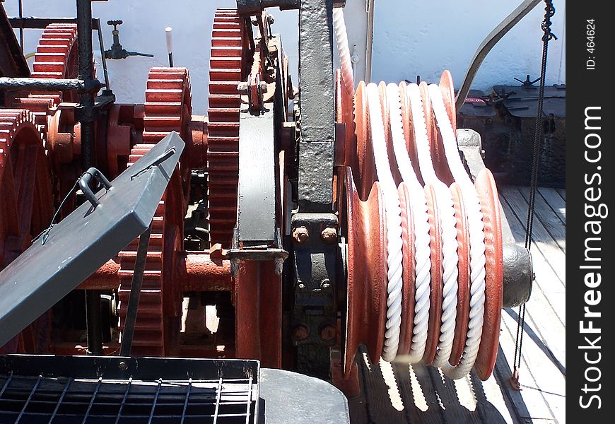 Deck winch on forward deck of whaling ship. Deck winch on forward deck of whaling ship
