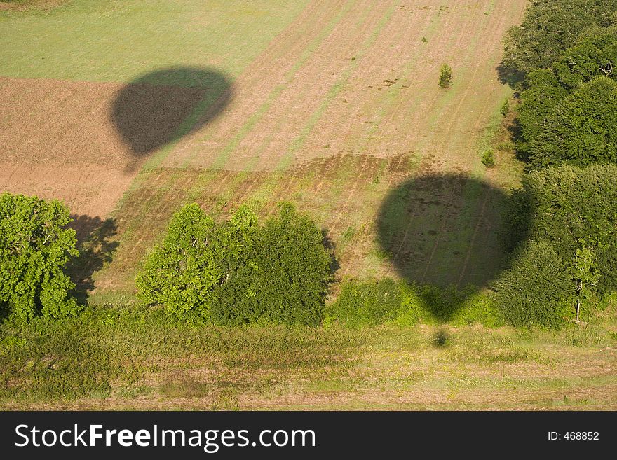 Aerial view of a pair of Balloon Shadows on a farmer's field