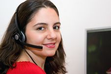 Beautiful Girl Customer Service With Microphone Stock Photo Beautiful Girl Customer Service With Microphone Stock Photo