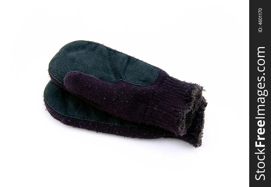 Black pair of mittens on white background