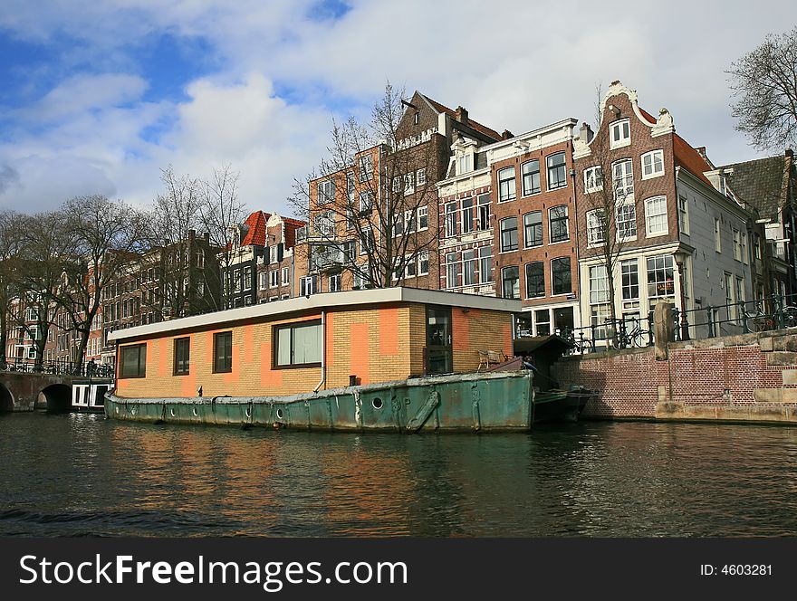 The scenery along the street and canal of Amsterdam