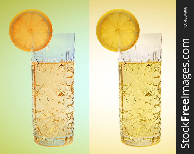 Lemon slice on the glass with lemonade. Lemon slice on the glass with lemonade