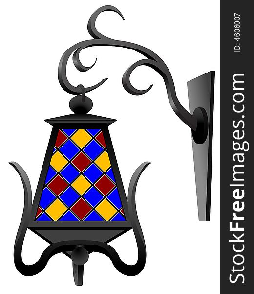Antiquarian street lantern with multi-coloured glass in a vector