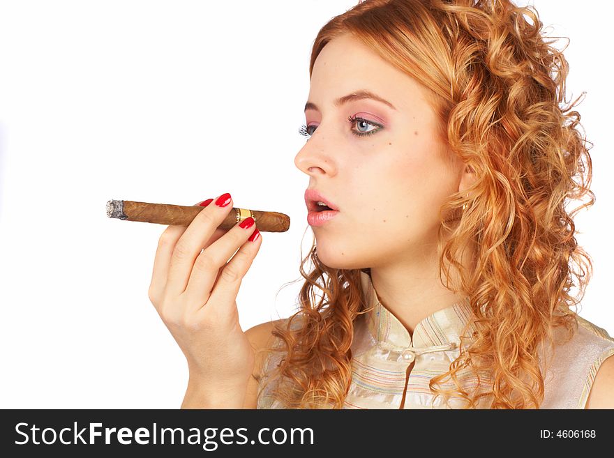 Blonde girl with cigar on white