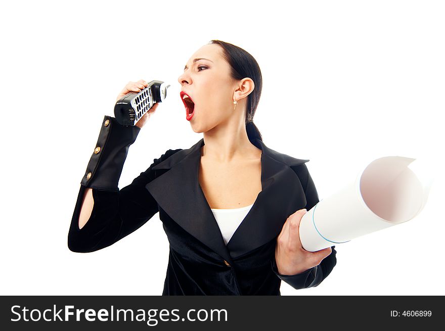 Business woman scream to phone