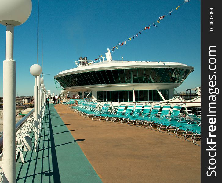 On top deck of a cruise ship before leaving port.