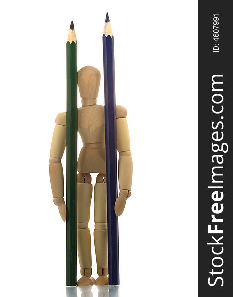 Manikin standing with blue and green pencils. Manikin standing with blue and green pencils