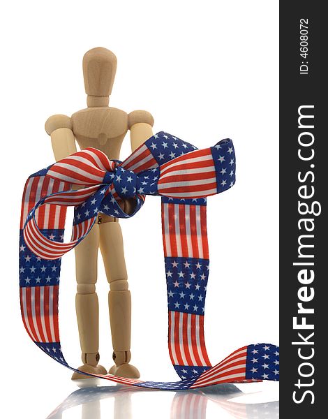 Manikin hands tied in a bow with us banner tape. Manikin hands tied in a bow with us banner tape