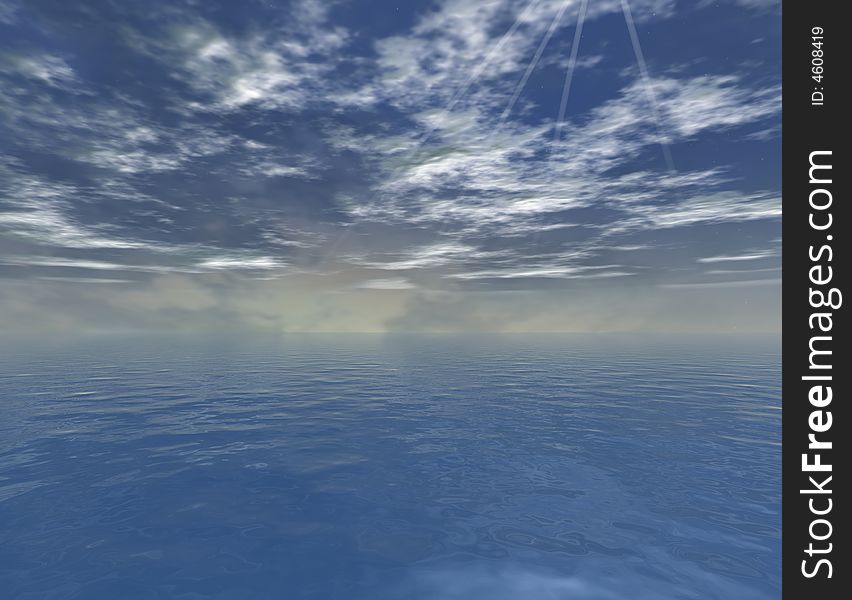 Digital artwork of the ocean,sky and clouds with sun ray. Digital artwork of the ocean,sky and clouds with sun ray