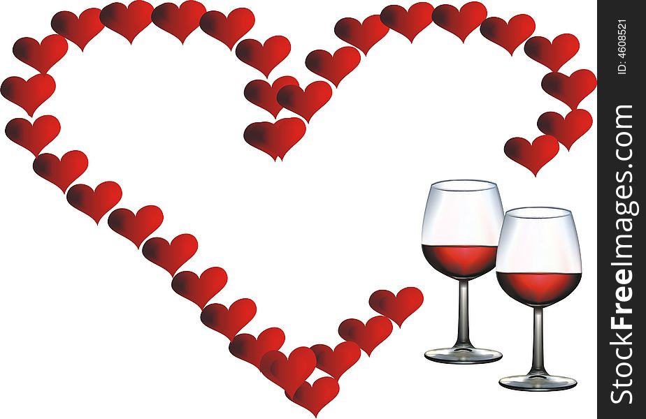 Wine glasses - red love -  illustration. Wine glasses - red love -  illustration