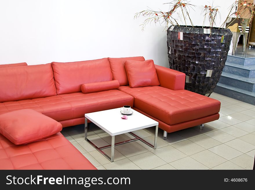 Fashionable interior with a red leather sofa.