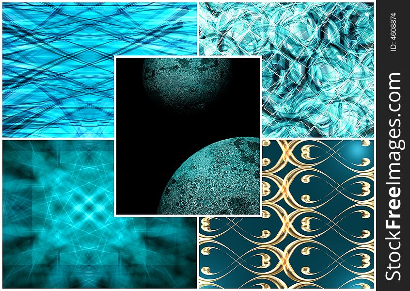 Turquoise collage compound of some abstracts that are separately already online, all in turquoise. Illustration made on computer. I add ID each single image to keywords.