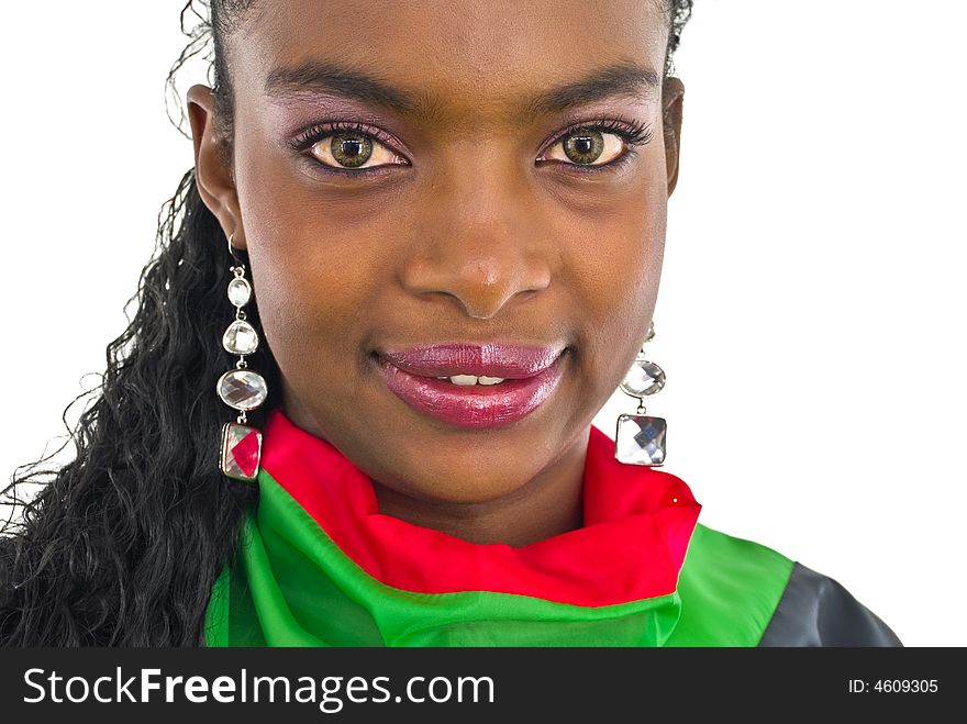 Smiling nice african girl in red and green