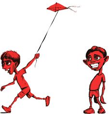 Sad Boy And Boy Flying Kite Stock Photos