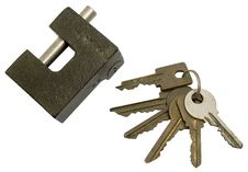 The Lock And Sheaf Of Old Keys On A White Backgrou Stock Photo