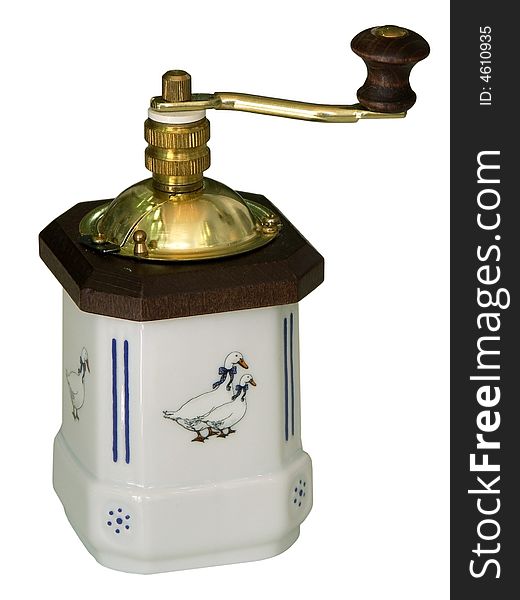 Manual coffee grinder with the image of ducks on a white background.