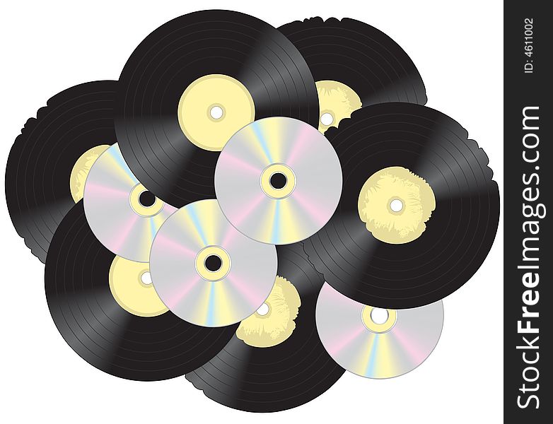 Vector illustration - old vinyl record and cd, heap, isolated. Vector illustration - old vinyl record and cd, heap, isolated