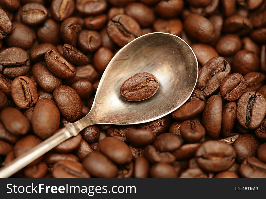 Grain of coffee in the small spoon