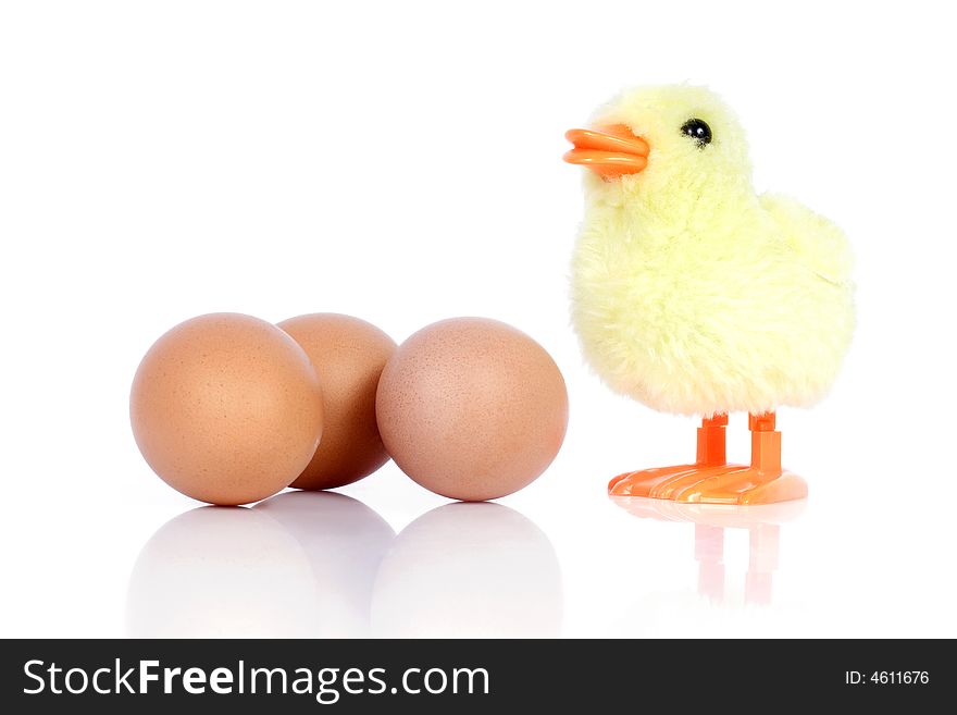 Little yellow chick and three eggs isolated on white background