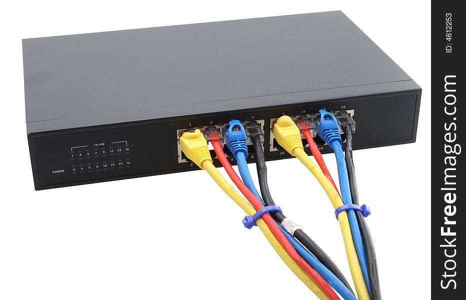 Isolated router and cad 5 cords yellow red blue and black. Isolated router and cad 5 cords yellow red blue and black