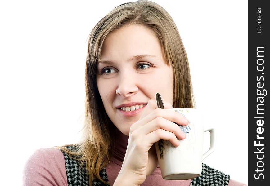 Girl with cup on white background
