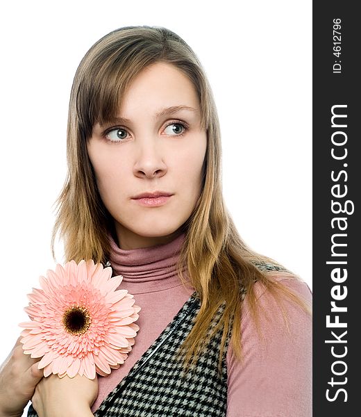 Girl with pink flower on white background. Girl with pink flower on white background