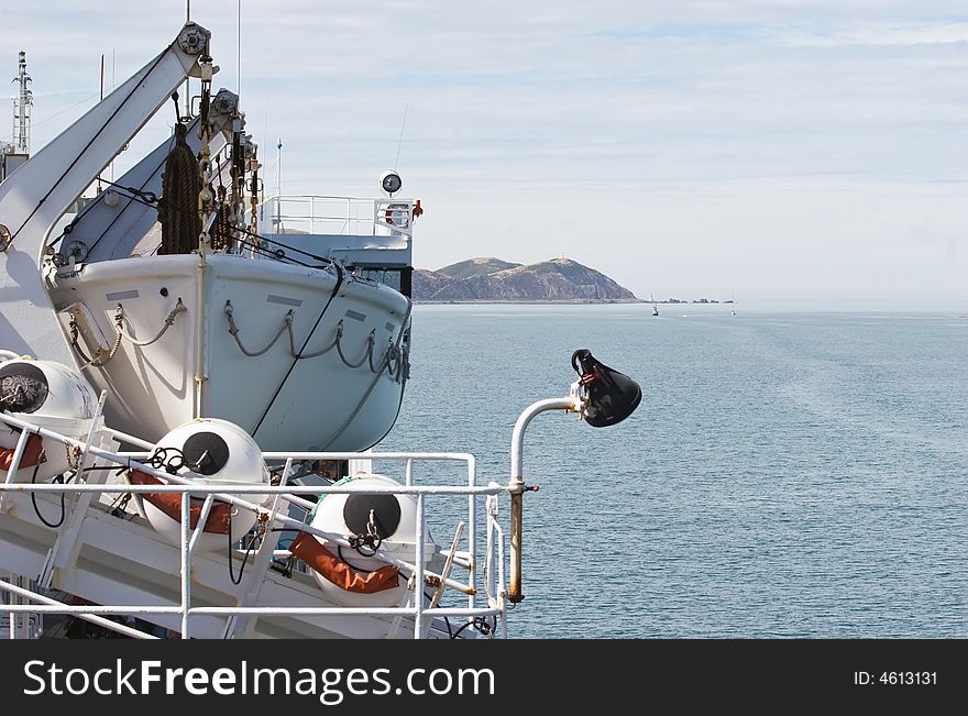 Lifeboat on the Arahura Ferry sailing out of Wellington, New Zealand.