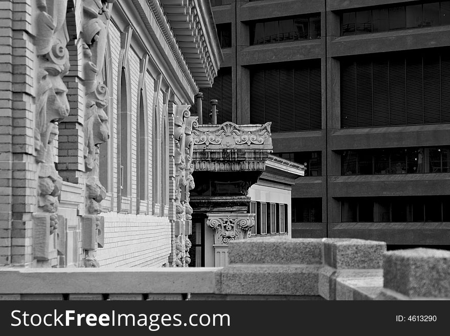 Black and white image of ornately decorated rooftops in boston massachusetts. Black and white image of ornately decorated rooftops in boston massachusetts