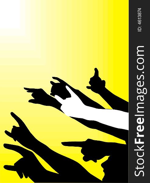 Silhouettes of hands of spectators on a yellow background