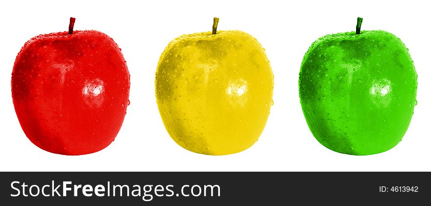 Coloured apples with drops of water on white background. Coloured apples with drops of water on white background