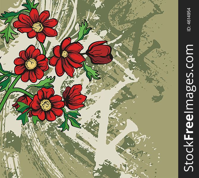 Floral background with a bunch of red flowers and grunge details, vector illustration. Floral background with a bunch of red flowers and grunge details, vector illustration.