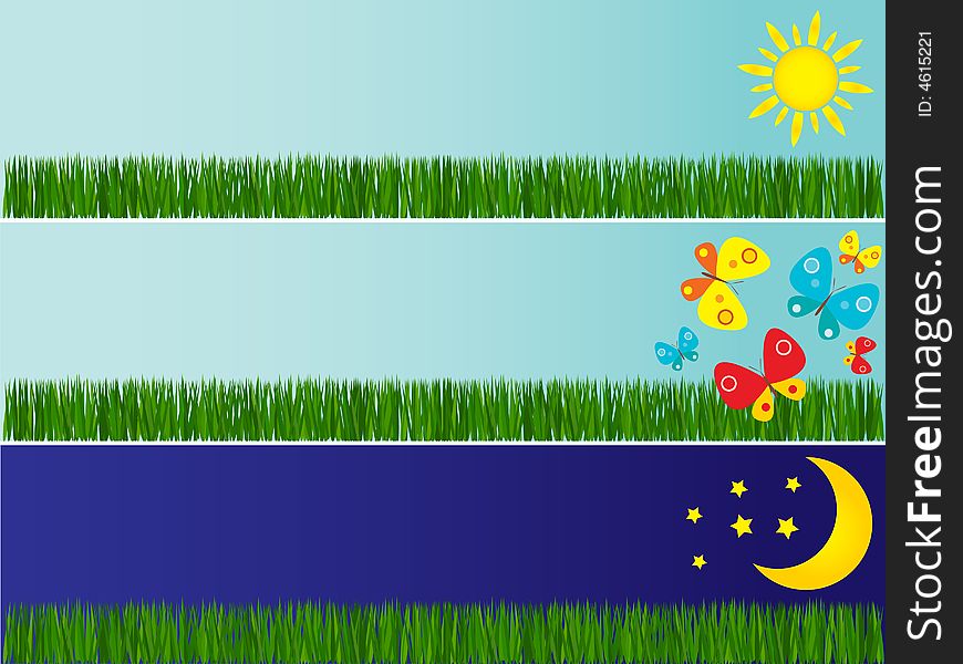 Three banners with grass, sun, moon and butterfly