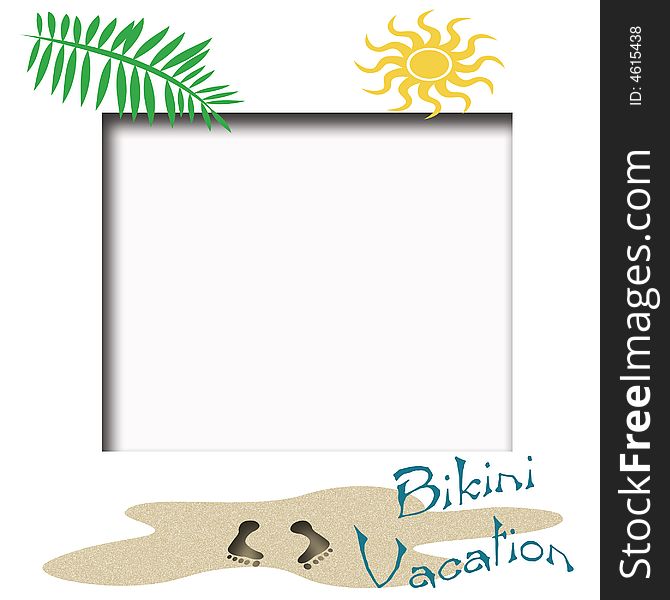 Bikini beach vacation poster sand and footprints. Bikini beach vacation poster sand and footprints