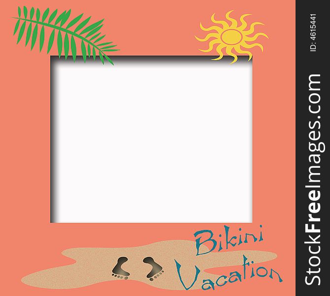 Bikini beach vacation poster sand and footprints. Bikini beach vacation poster sand and footprints