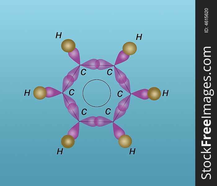 Molecule of benzol on the blue background