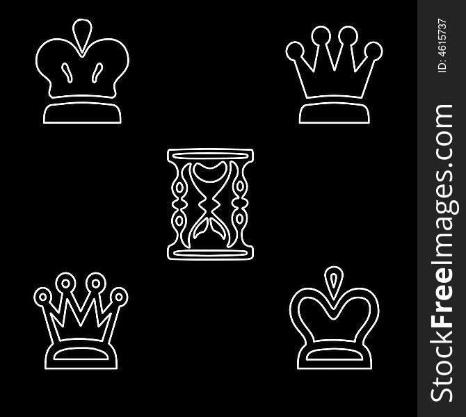 Abstract illustration - chess and sand-glass on the black background