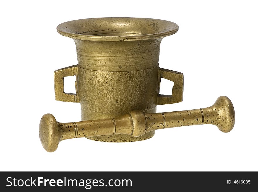 Brass mortar and pestle on the white background