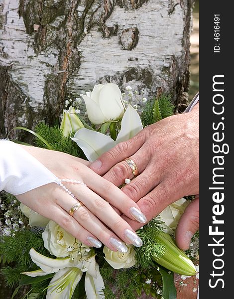 Wedding bouquet closed with hands of bride and groom. Wedding bouquet closed with hands of bride and groom