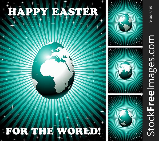 Easter greeting card with globe egg on shining background (four version)