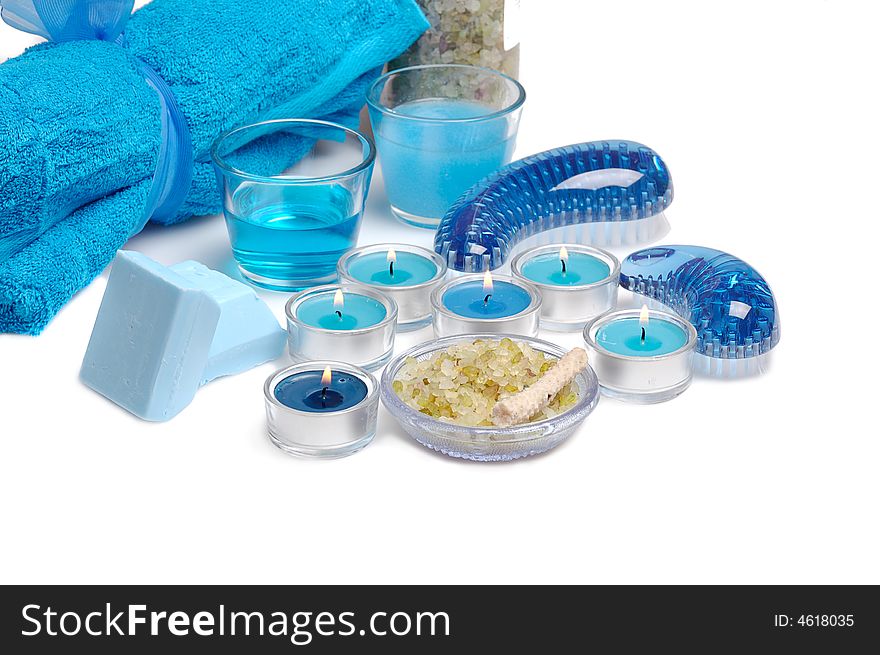 Bath towel, aromatic candles, salt, soap, gel for spa. Bath towel, aromatic candles, salt, soap, gel for spa