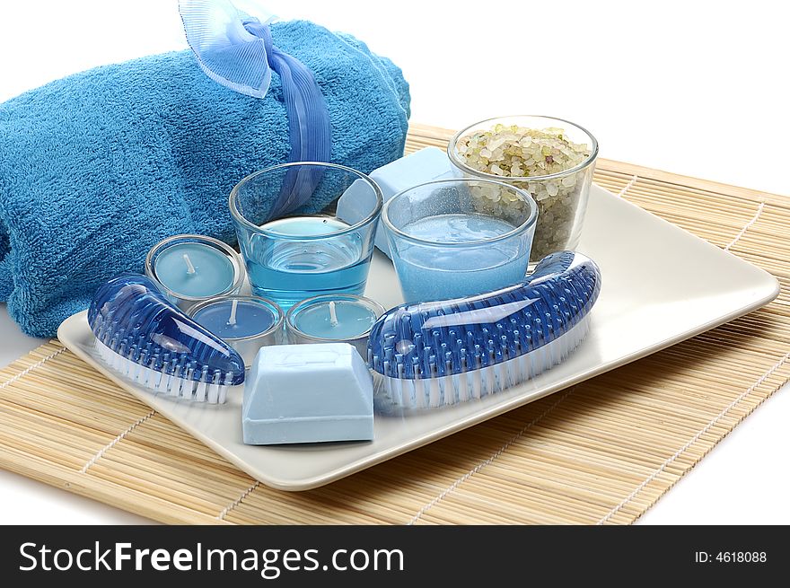 Bath towel, aromatic candles, salt, soap, gel for spa. Bath towel, aromatic candles, salt, soap, gel for spa