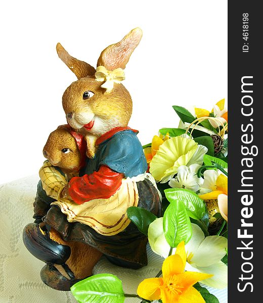 Photo of porcelain easter bunnies on white background