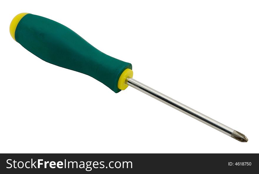 Screw-driver with the green handle on white background.