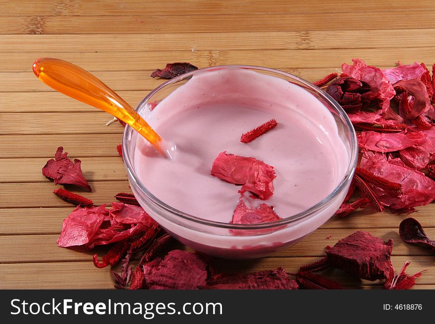 Strawberry yogurt and rose petals