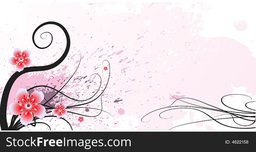 Vector foliage abstract background, with stains, curls and pink flowers. Vector foliage abstract background, with stains, curls and pink flowers.